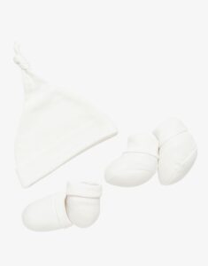 SnugBug white newborn hat socks mitten set