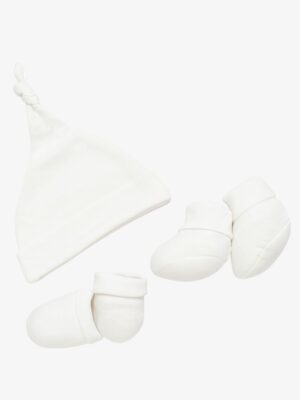 SnugBug white newborn hat socks mitten set