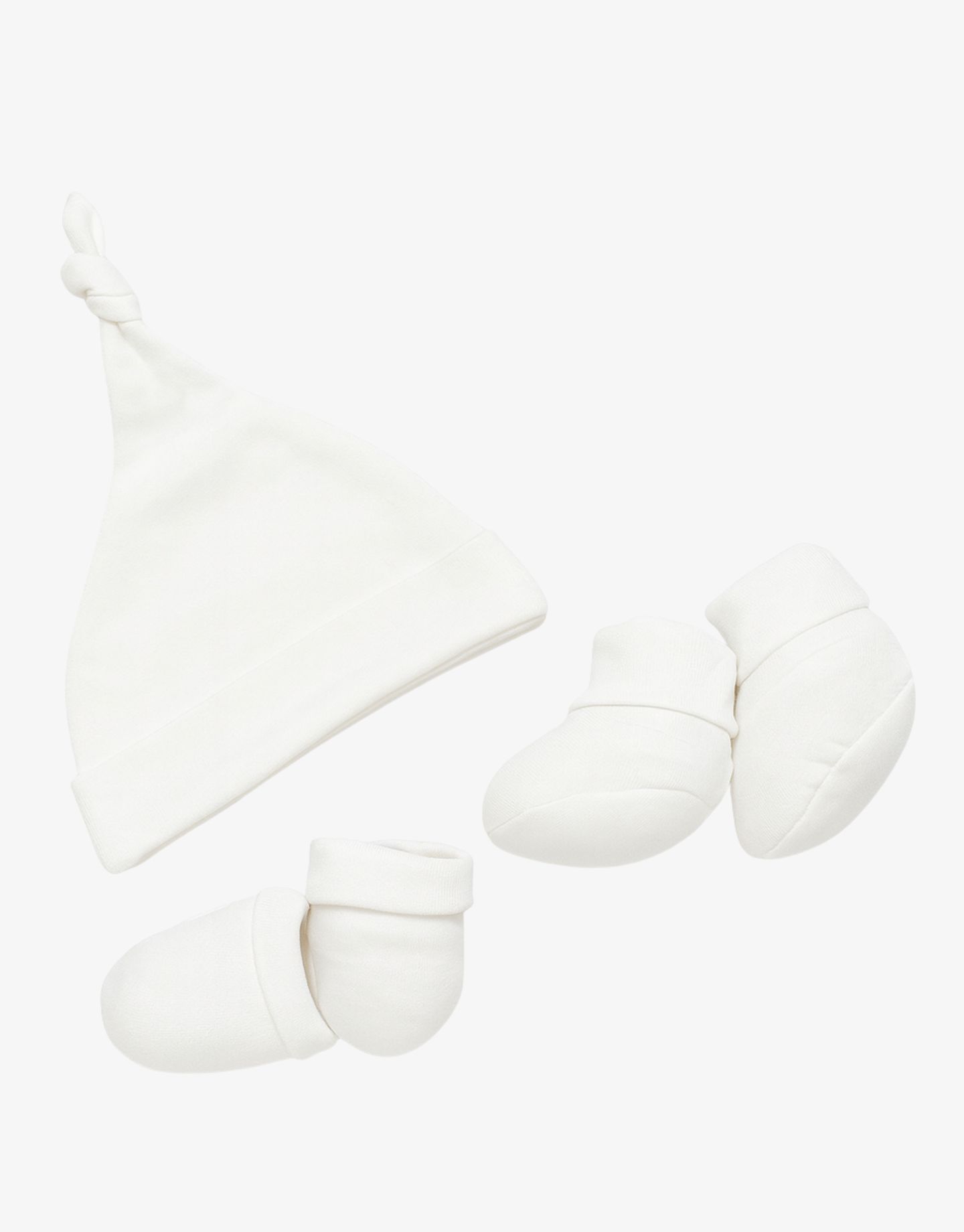 SnugBug white newborn hat socks mitten set